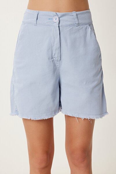 Happiness İstanbul Kadın Gök Mavi Saçaklı Şehir Boy Keten Şort GK00020