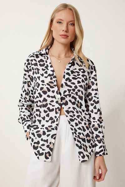 Happiness İstanbul Women's Ecru Black Leopard Patterned Satin Surface Stylish Shirt Gk00015
