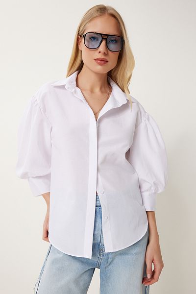 Happiness İstanbul Women's White Balloon Sleeve Poplin Shirt Zv00315