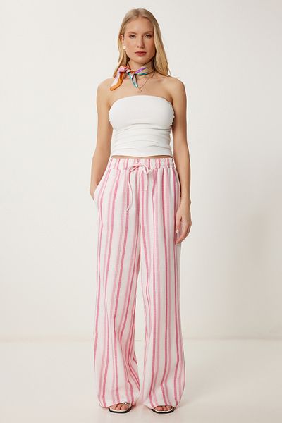 Happiness İstanbul Women's Pink Striped Summer Loose Linen Trousers Dp00247
