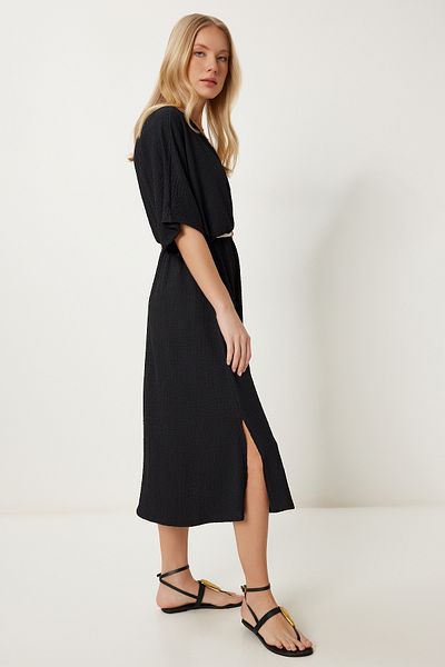 Happiness İstanbul Women's Black Double Breasted Neckline Belted Stretchy Wrap Dress Zv00310