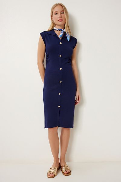 Happiness İstanbul Women's Navy Blue Heart Button Detailed Gathered Saran Knitwear Dress As00028