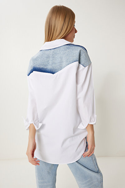 Happiness İstanbul Cămașă de damă din denim alb perlat cu detaliu supradimensionat din popelin ZH00052