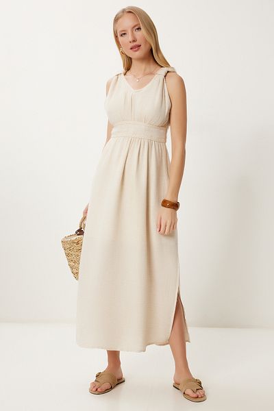 Happiness İstanbul Cremefarbenes gestricktes gestreiftes Sommer-Leinenkleid für Damen RV00209