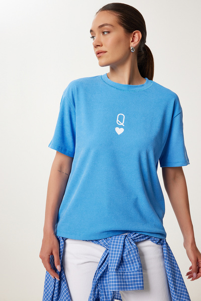 Happiness İstanbul Γυναικείο Πλεκτό Μπλουζάκι με Μπλε Ουρανό με στάμπα Oversize AN00245