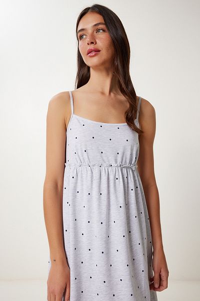 Happiness İstanbul Women's Gray Melange Strap Soft Textured Cotton Knitted Nightgown Dress Ce00097