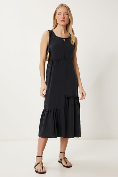 Happiness İstanbul Women's Black Flounced Long Ayrobin Dress Gk00021
