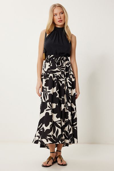 Happiness İstanbul Women's Black Cream Halter Neck Patterned Belted Viscose Dress An00253