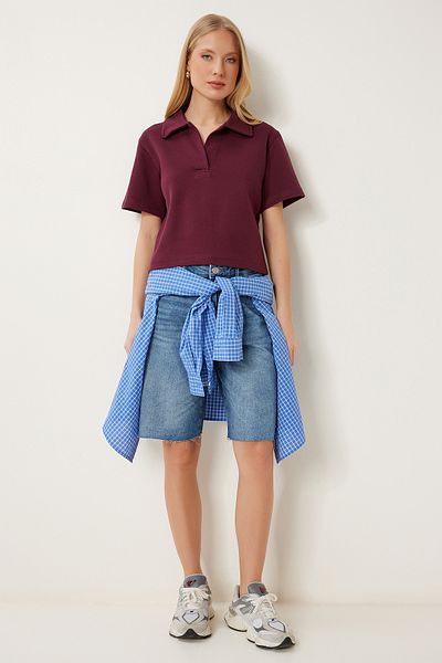 Happiness İstanbul Burgunderrotes Piqué-Strick-T-Shirt mit Polokragen für Damen DP00254