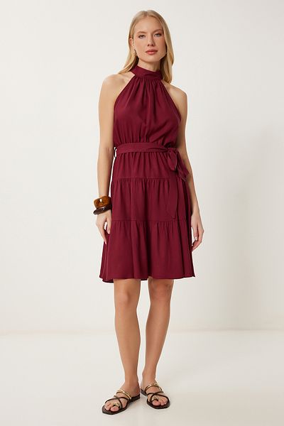 Happiness İstanbul Burgunderrotes Damenkleid aus Viskose mit Neckholder und Volant AN00254