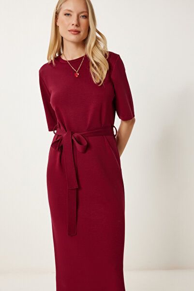 Happiness İstanbul Women's Burgundy Belted Stretchy Knitted Dress Dz00125