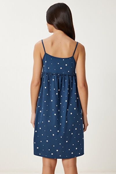 Happiness İstanbul Γυναικείο νυχτικό φόρεμα με μπλε ναυτικό λουράκι με απαλή υφή από βαμβακερό πλεκτό νυχτικό CE00097