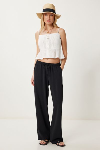 Happiness İstanbul Schwarze Palazzo-Hose aus Leinenmischung für Damen, Sommer, drapiert, DD01352
