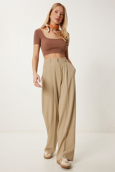 Happiness İstanbul Cremefarbene, plissierte, gewebte Palazzo-Hose für Damen US00978