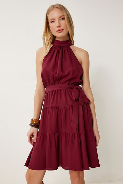 Happiness İstanbul Burgunderrotes Damenkleid aus Viskose mit Neckholder und Volant AN00254