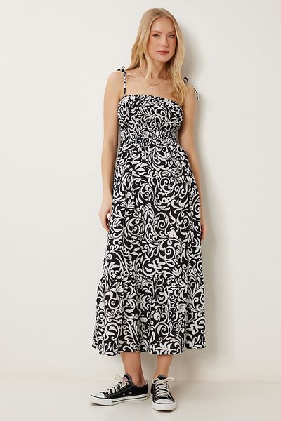 Happiness İstanbul Women's Black and White Patterned Strappy Summer Viscose Dress Zv00311