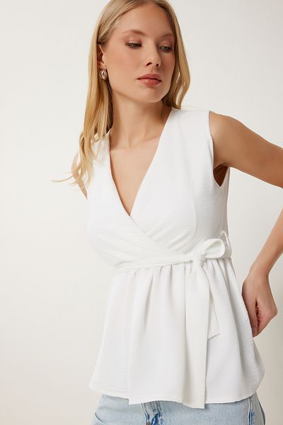 Happiness İstanbul Ecru Damen Bluse mit Wickelkragen, flexibel gestrickt AN00250