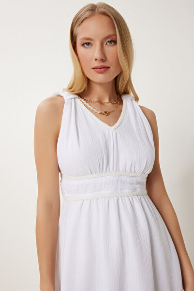 Happiness İstanbul Dámské letní lněné šaty Ecru Knit Stripe RV00209