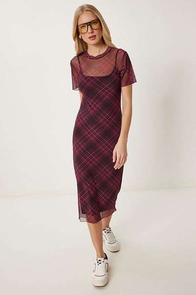Happiness İstanbul Women's Burgundy Black Checkered Lined Tulle Dress An00251