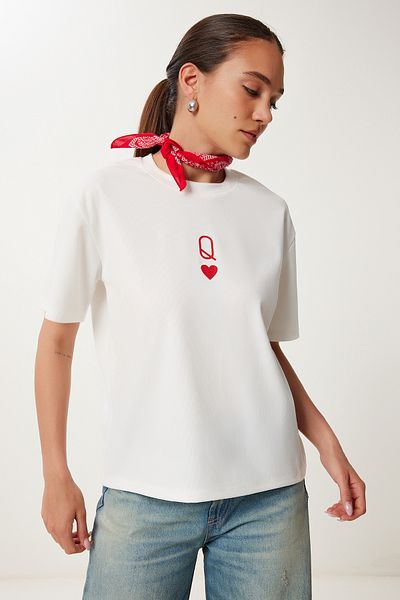 Happiness İstanbul Dámské oversize pletené tričko Ecru s potiskem AN00245