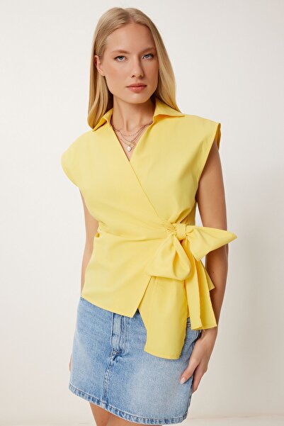 Happiness İstanbul Women's Yellow Shirt Collar Wrap Poplin Blouse Hf00467
