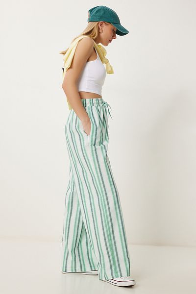 Happiness İstanbul Grün gestreifte Sommerhose aus lockerem Leinen für Damen DP00247