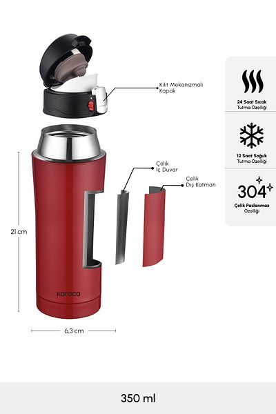 Karaca Red 350 ml Pluton Metallic Shamsa Medicine Thermos