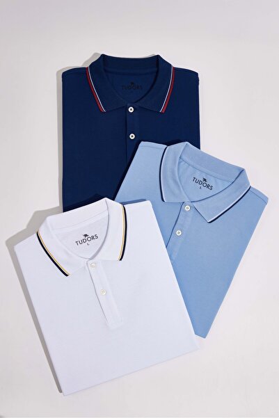 Tudors Ανδρικό μπλουζάκι 3 συσκευασιών σε λευκό-μπλε-σκούρο μπλε λεπτή εφαρμο...