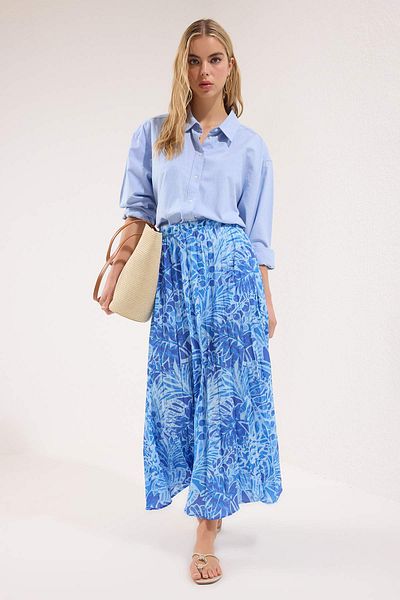 Trendyol Modest Fusta țesătă cu talie elastică plisată cu model de flori albastre TCTSS23EE00018
