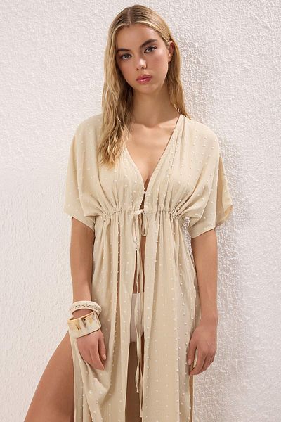 Trendyol Collection Béžové dlouhé tkané plážové kimono a kaftan TBESS25KM00021