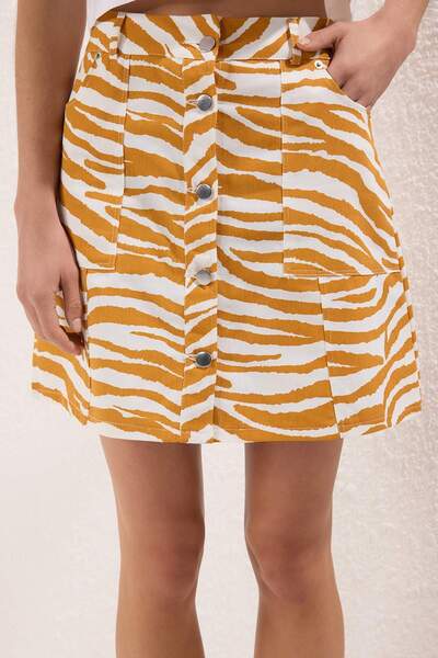 Trendyol Collection Yellow Animal Zebra Print Button Front Mini Skirt Twoss25Et00188
