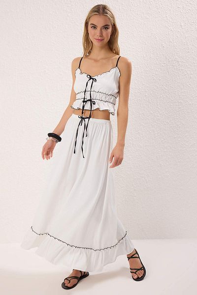 Trendyol Collection White Textured Ribbon Detailed Bias Beach Blouse Skirt Suit Tbess25Au00110