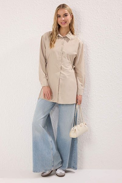 Trendyol Modest Beige Cotton Side Lace Detailed Woven Shirt Tctss25Tg00032