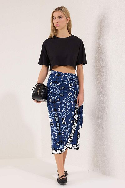 Trendyol Collection Blue Ethnic Patterned Double Breasted Viscose Skirt Twoss25Et00198