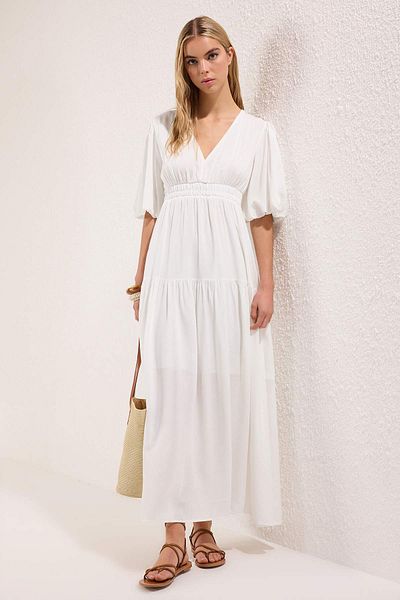 Trendyol Collection White Plain Lined Maxi Woven Dress Twoss25El00776