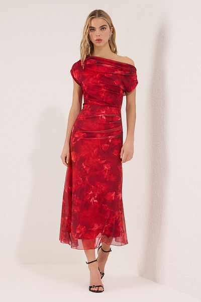Trendyol Collection Red-Multicolor Abstract Patterned Lined Tulle Knitted Midi Evening Dress Night Homecoming Dress Tprss25El00015