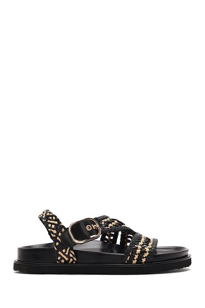 Derimod Women's Black Banded Straw Leather Sandals 25Sfd5507M7
