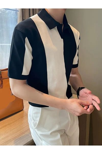 leyla sanat sanata yeni bir bakış açısı Leyla Sanat Sanata a New Perspective Men's Short Sleeve Polo Collar Block Pattern Knitwear Blouse