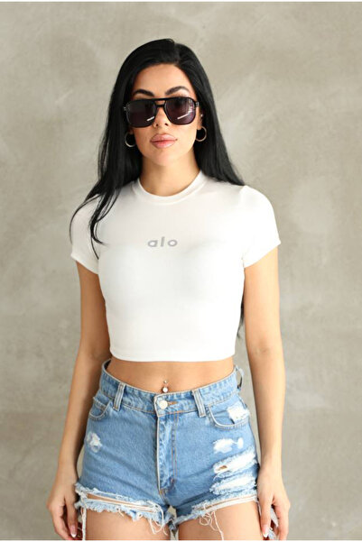 MODA تي شيرت Strıvex أبيض قصير الأكمام ملابس رياضية نحيفة للنساء