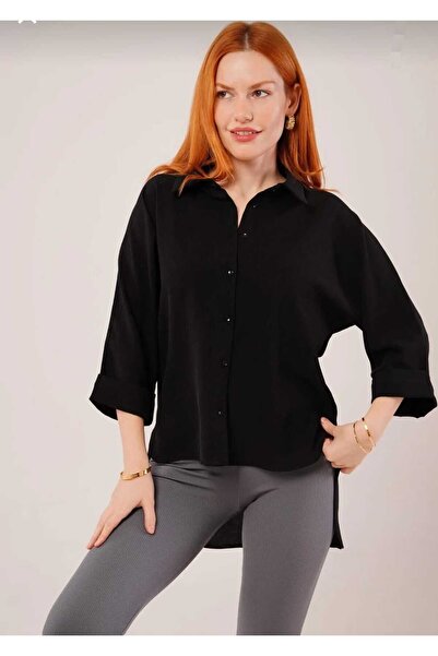 kazarina kadın önü kısa arkası uzun truvakar kollu oversize gömlek