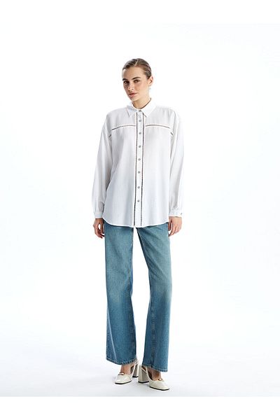 LC Waikiki Cămașă de damă oversize din amestec de in ajurat