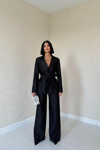 modaserdem Black Belted Waist Jacket and Trousers Shiny Set