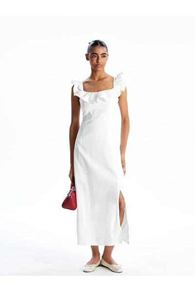 LC Waikiki White Square Neck Linen Blend Dress