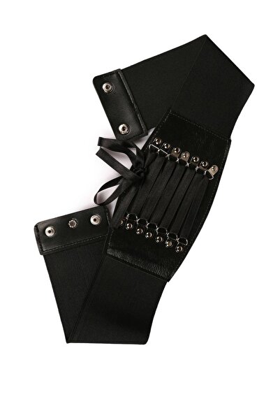 Damla Women's Black Elastic Corset Belt with Silver Accessories, Dress Belt, Shirt and Jacket Belt