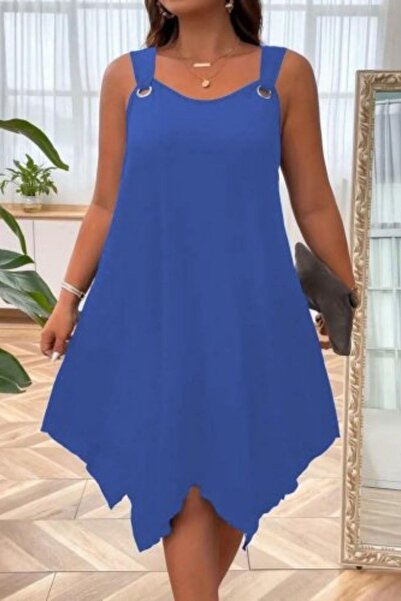 Mossta Asymmetrical Cut Viscose Dress with Bird Eye Detail - Blue