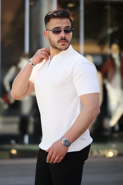 modaserdem Men's Short Sleeve T-Shirt with Zipper Collar