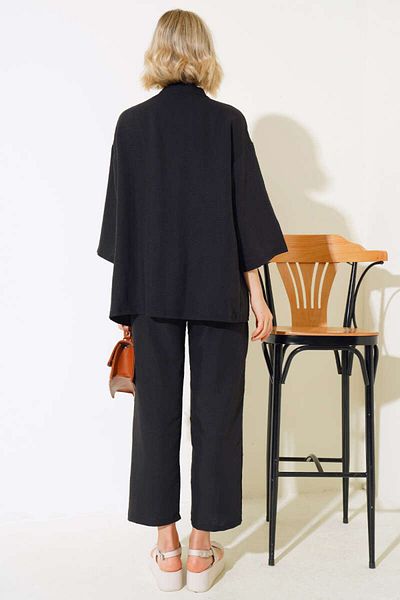 LEONE KOLEKSİYON Women's Relaxed Fit Kimono Black Bottom Long Top Summer Suit Seersucker Fabric