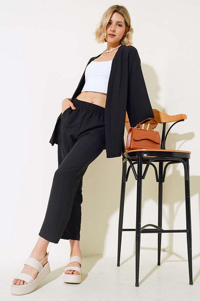 LEONE KOLEKSİYON Women's Relaxed Fit Kimono Black Bottom Long Top Summer Suit Seersucker Fabric