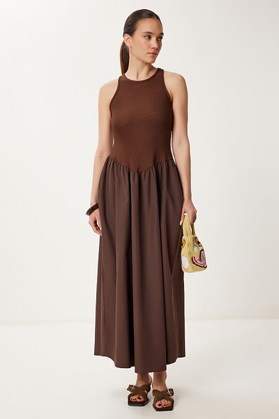 Lovelyİstanbul Rochie cu top tricotat și fustă din poplin maro Lpb0002