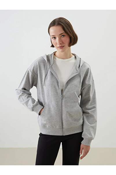 LC Waikiki Gri Kapüşonlu Oversize Kadın Fermuarlı Sweatshirt